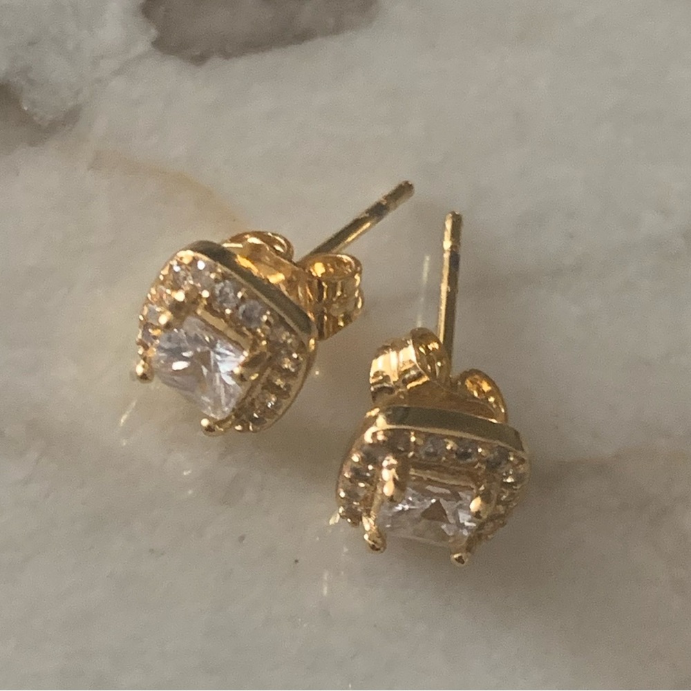 Gold Plated Halo Cz. Earrings Studs, Stainless Steel